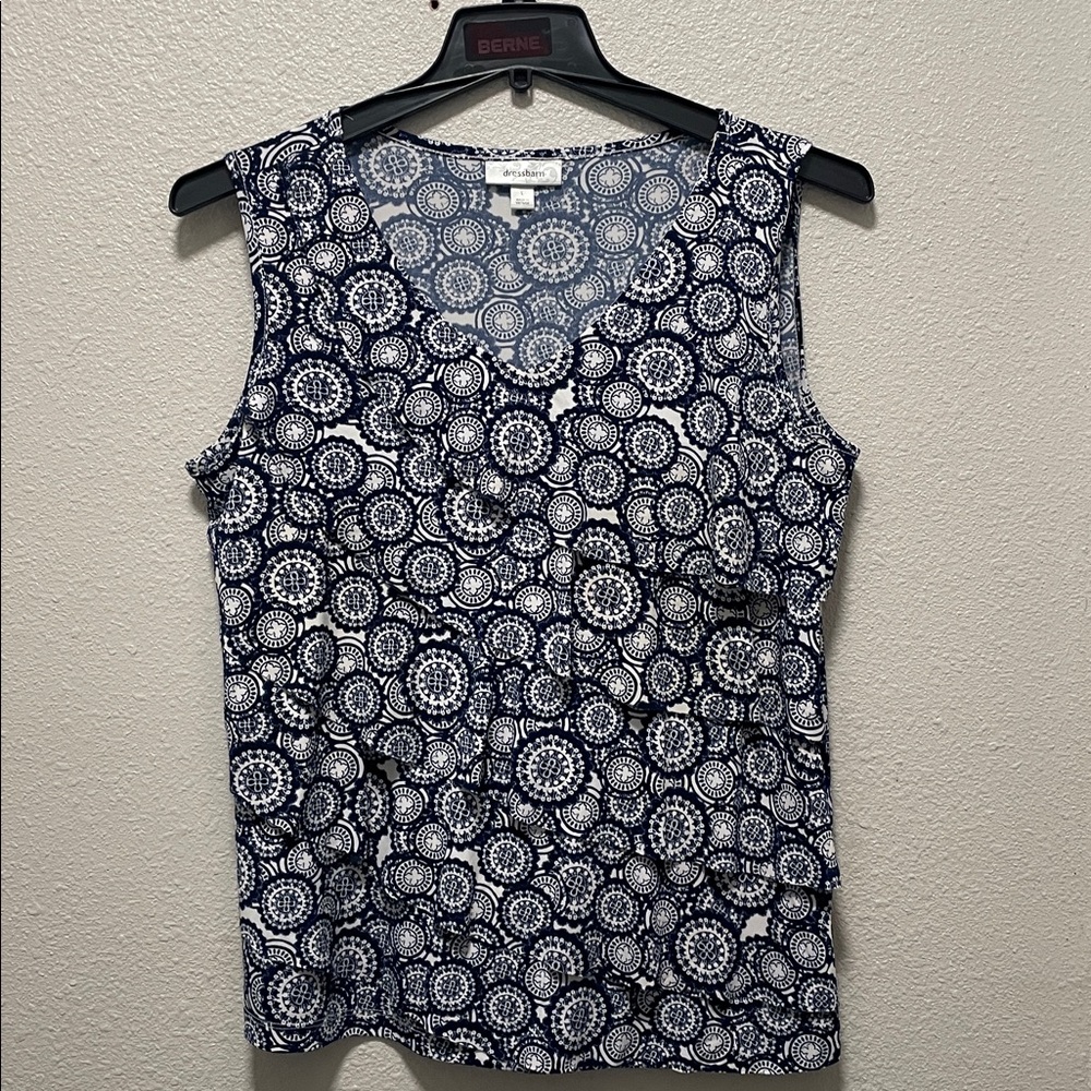 Dressbarn Blue White Circle Diagnial Ruffle Layered Lined Career Shirt Top